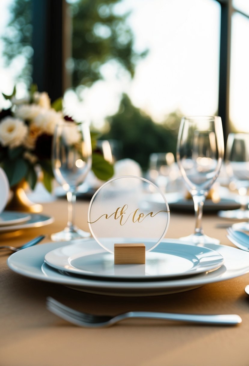 A table set with acrylic disks as wedding place cards