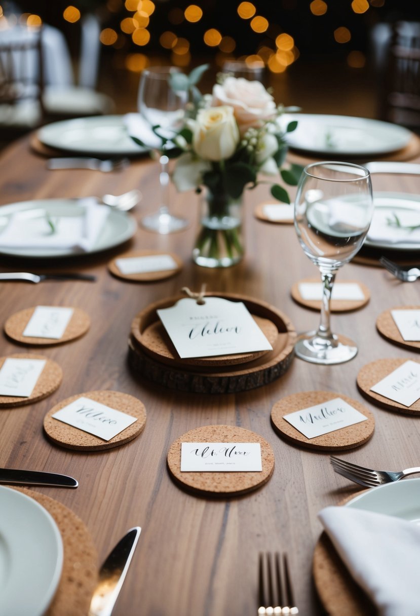 A table set with cork coaster tags arranged as wedding place cards