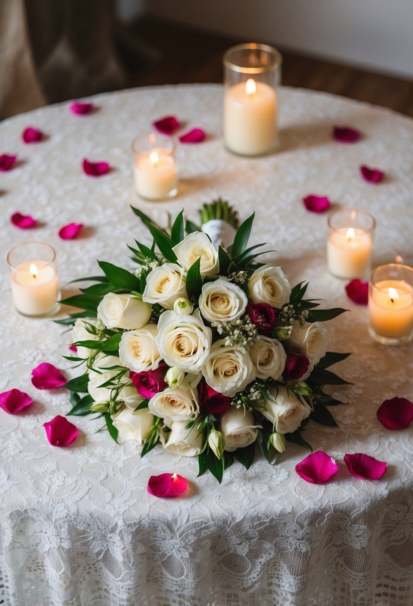 A bride's bouquet resting on a lace-covered table, surrounded by scattered rose petals and soft candlelight