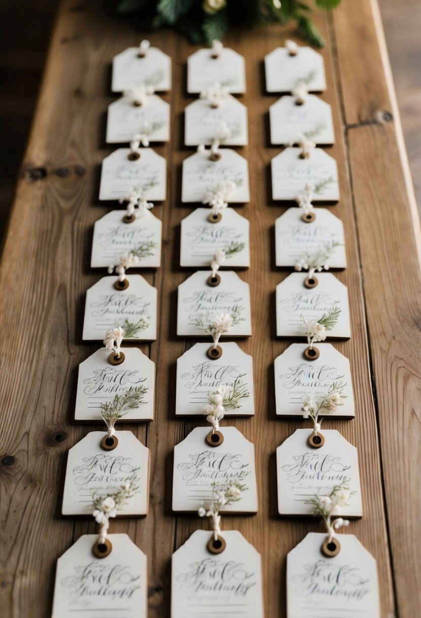 A wooden table with rustic tag cards arranged in a neat row, each card adorned with elegant calligraphy and delicate floral embellishments