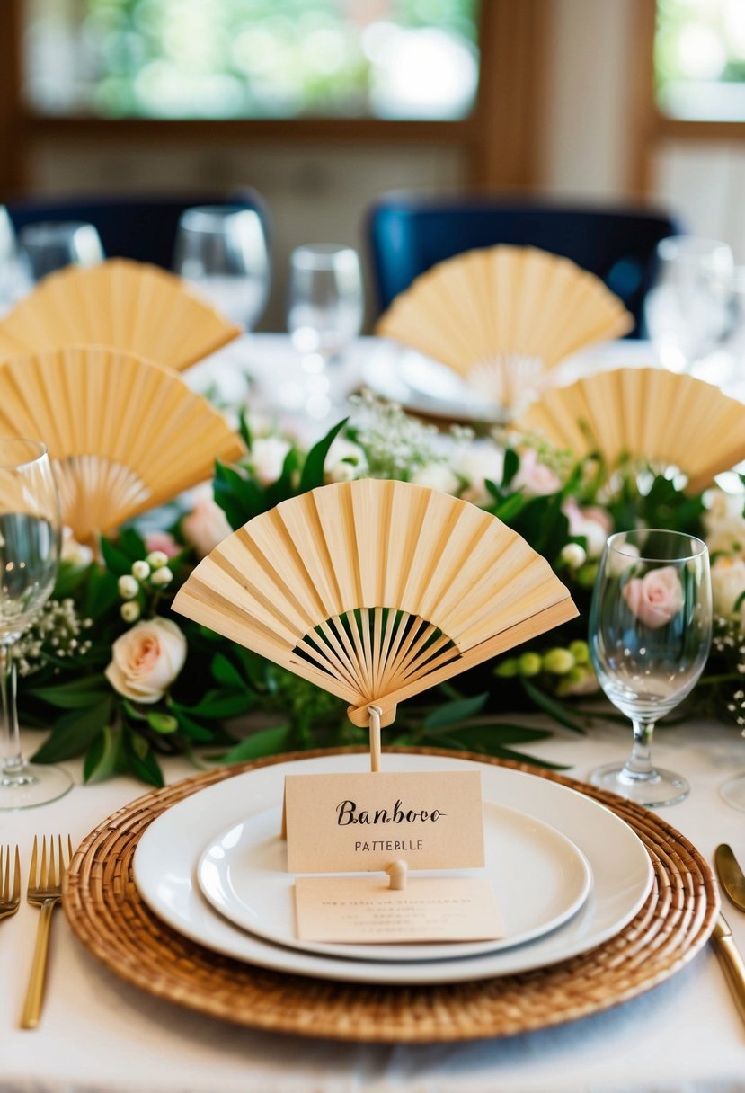 A table set with bamboo fan place cards, surrounded by delicate floral centerpieces