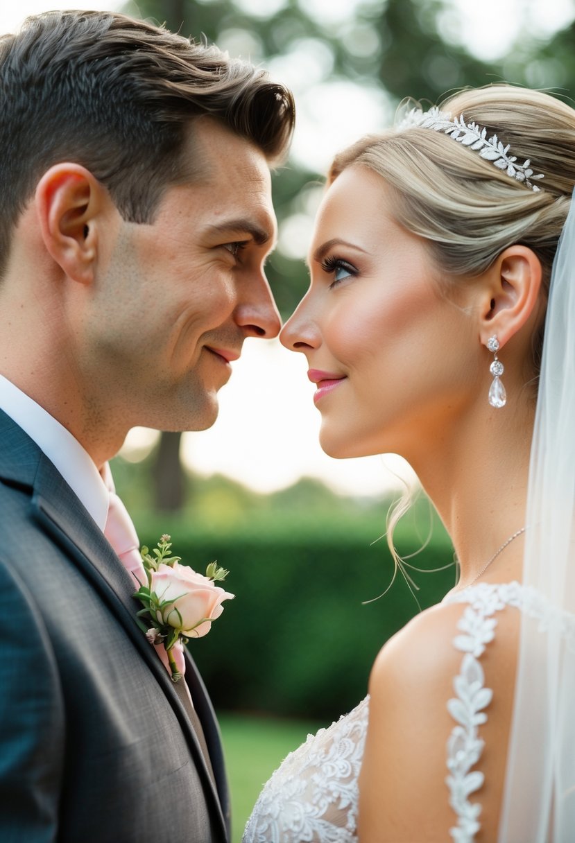 A bride and groom standing face to face, gazing into each other's eyes with love and anticipation