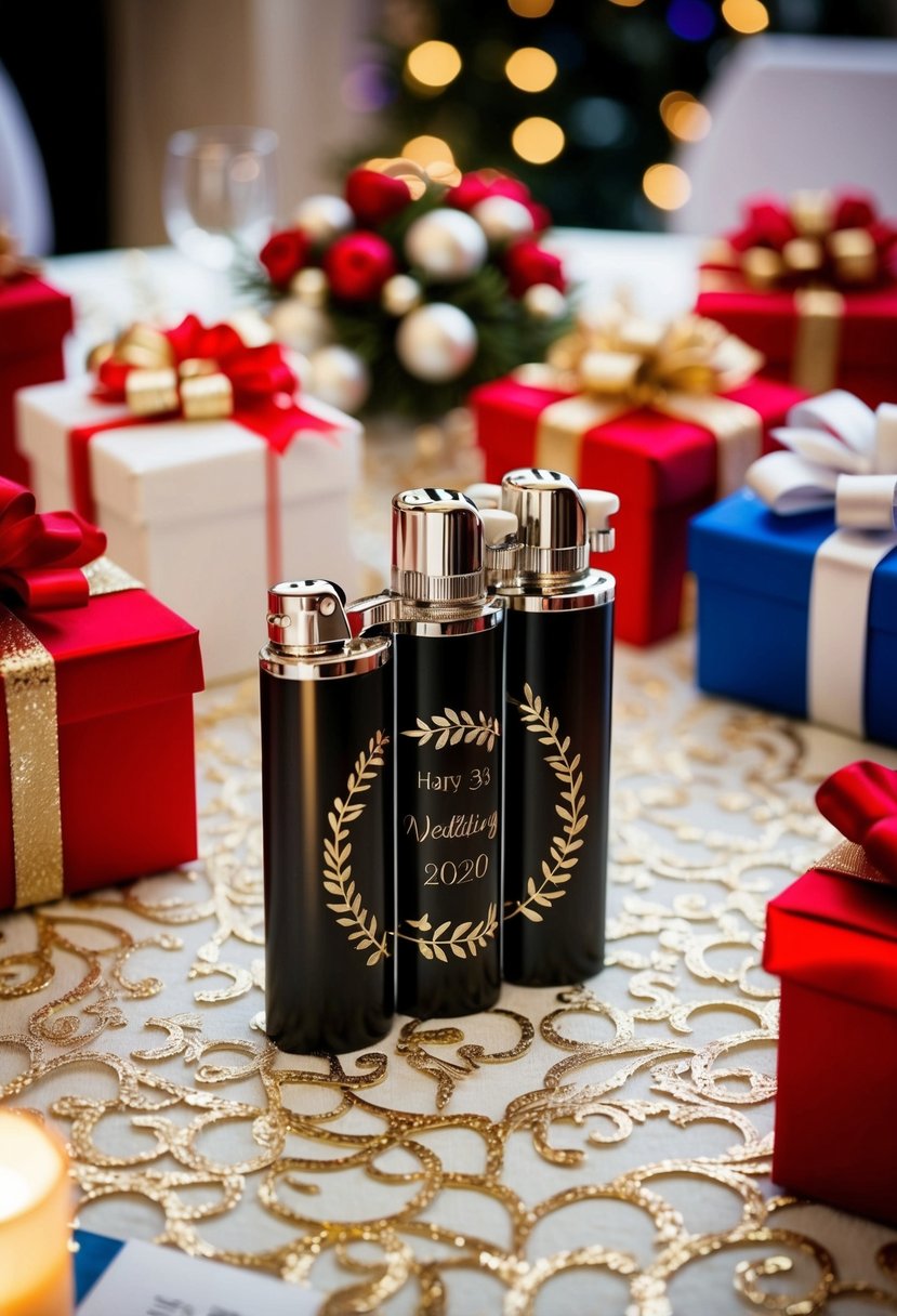 A table adorned with personalized lighters, surrounded by festive wedding decor and gifts