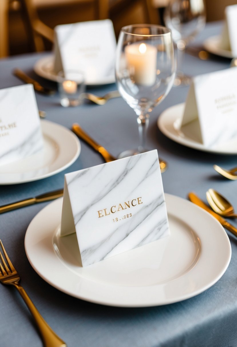 A set of elegant marble tiles arranged as wedding place cards