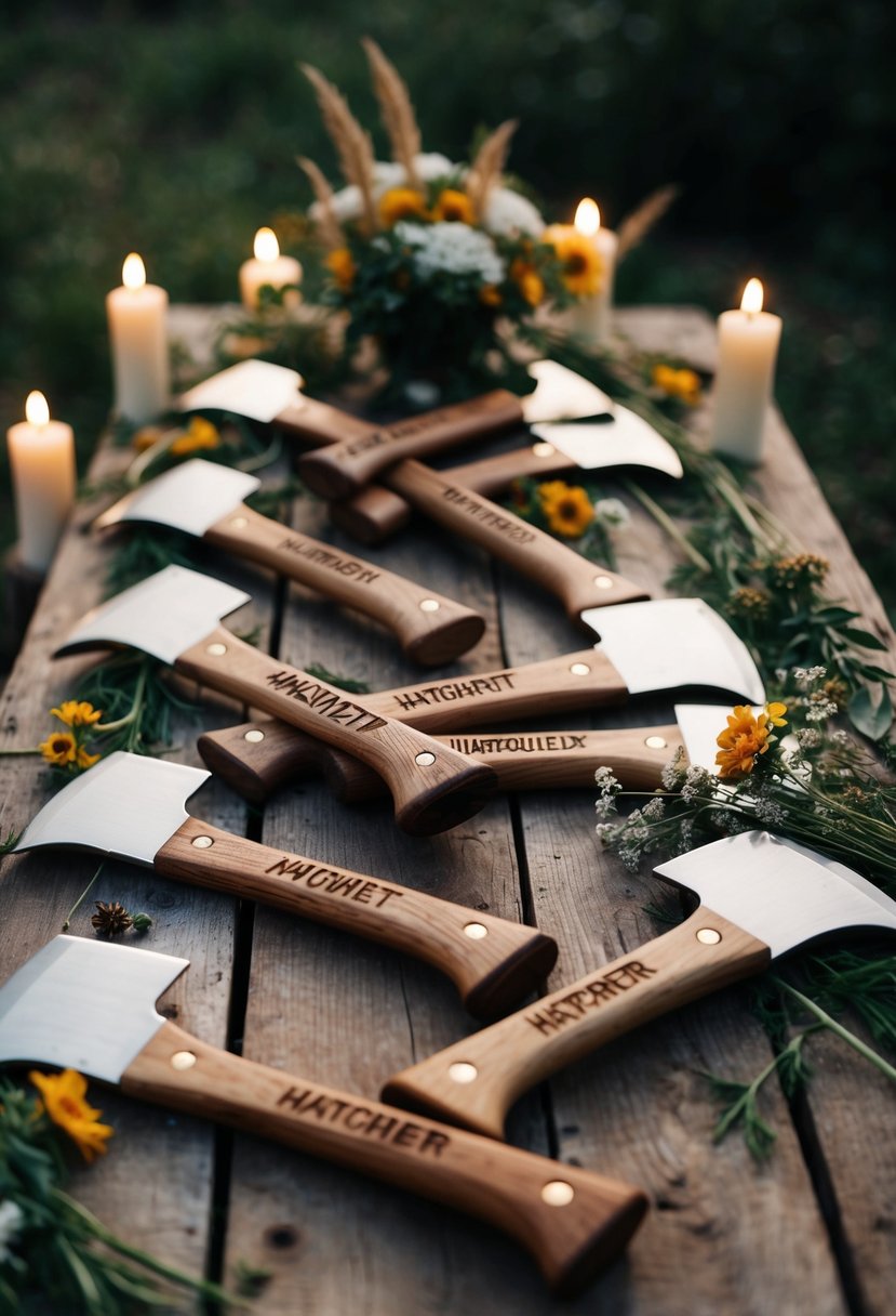 A group of custom-engraved hatchets arranged on a rustic wooden table, surrounded by wildflowers and flickering candlelight