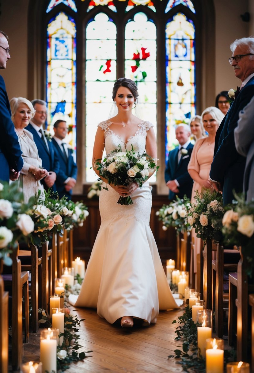 A bride walks down the aisle, surrounded by flowers and candles, as the soft light from stained glass windows illuminates the path