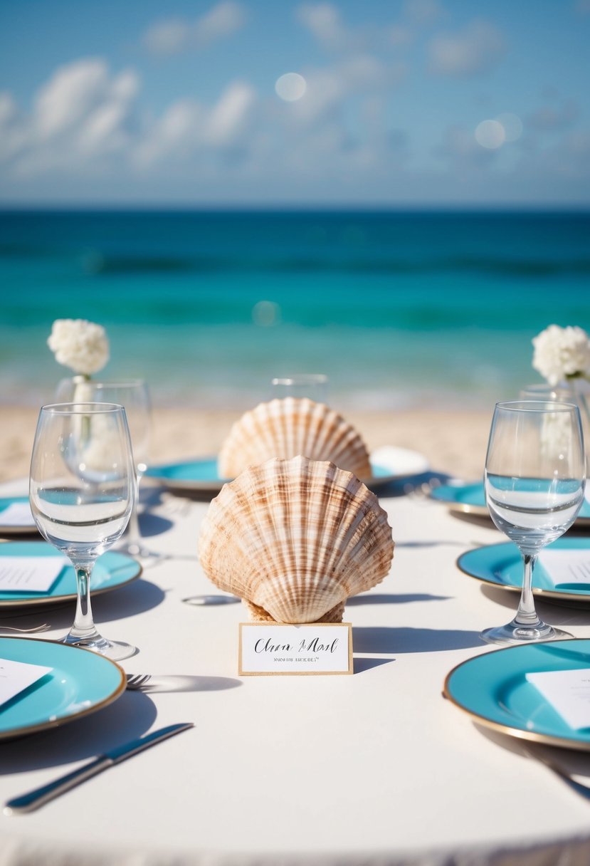 A beach wedding table with seashell place cards and ocean view