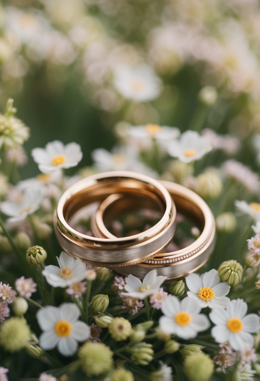 A close-up shot of two wedding rings interlocked on a bed of delicate flowers