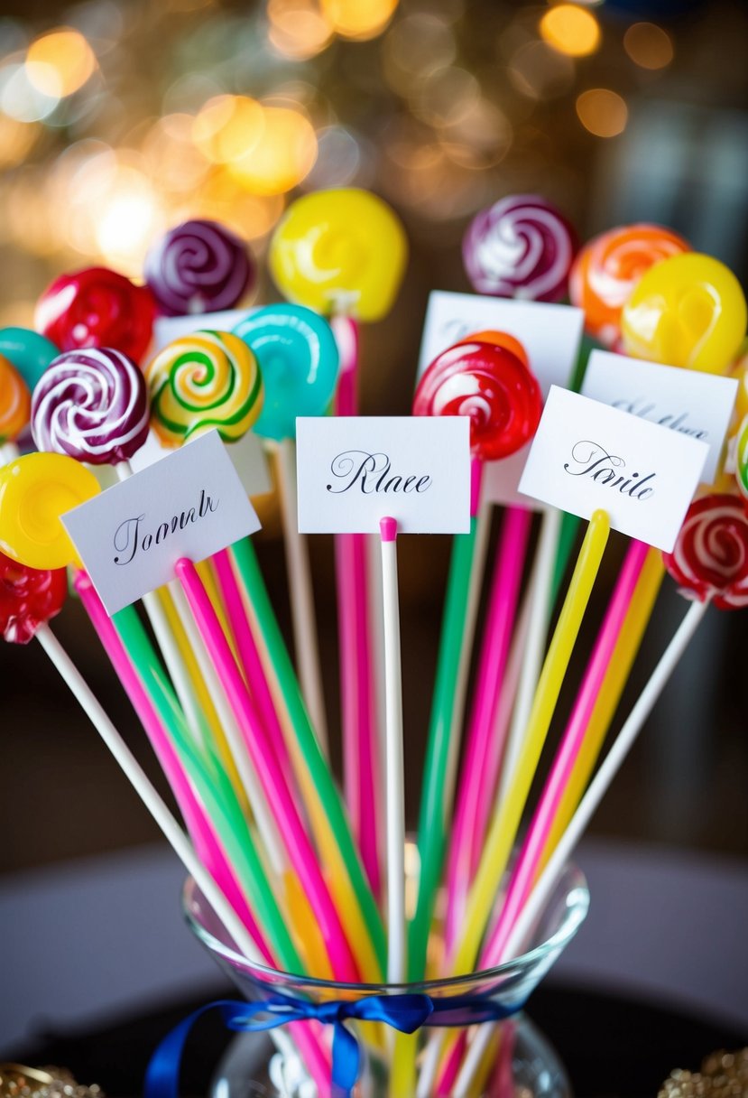 Colorful lollipop stems arranged in a decorative display, with small name cards attached for a wedding place card idea