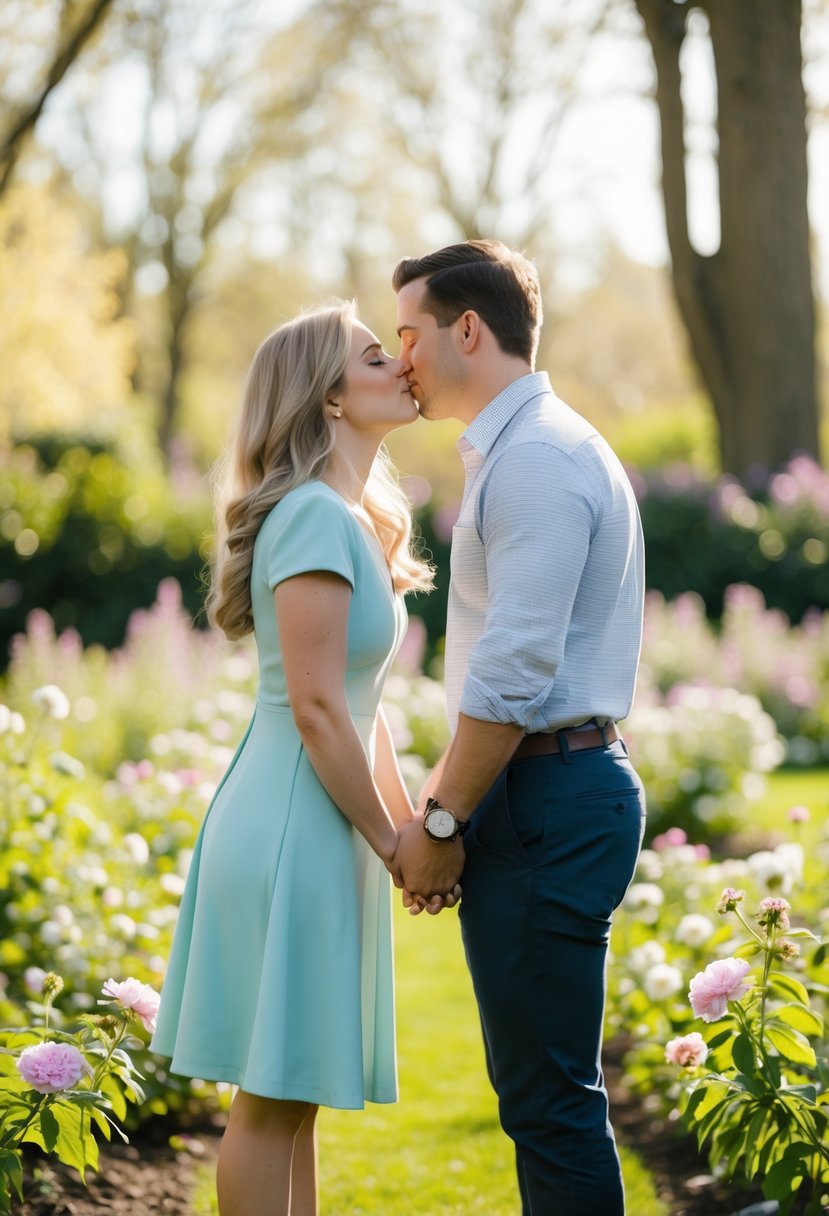 A couple stands in a garden surrounded by blooming flowers, leaning in for a tender kiss. The soft sunlight filters through the trees, casting a warm glow on the scene