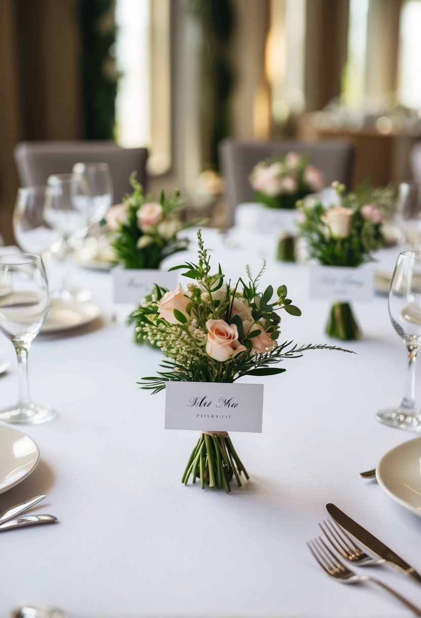 A table set with mini bouquet place cards for a wedding, with delicate flowers and greenery arranged on each card