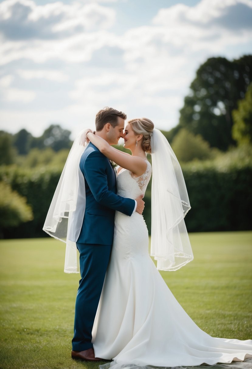 A newlywed couple stands beneath a flowing veil, embracing in a tender moment