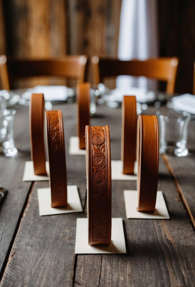 Embossed leather strips arranged in elegant place card holders on a rustic wooden table