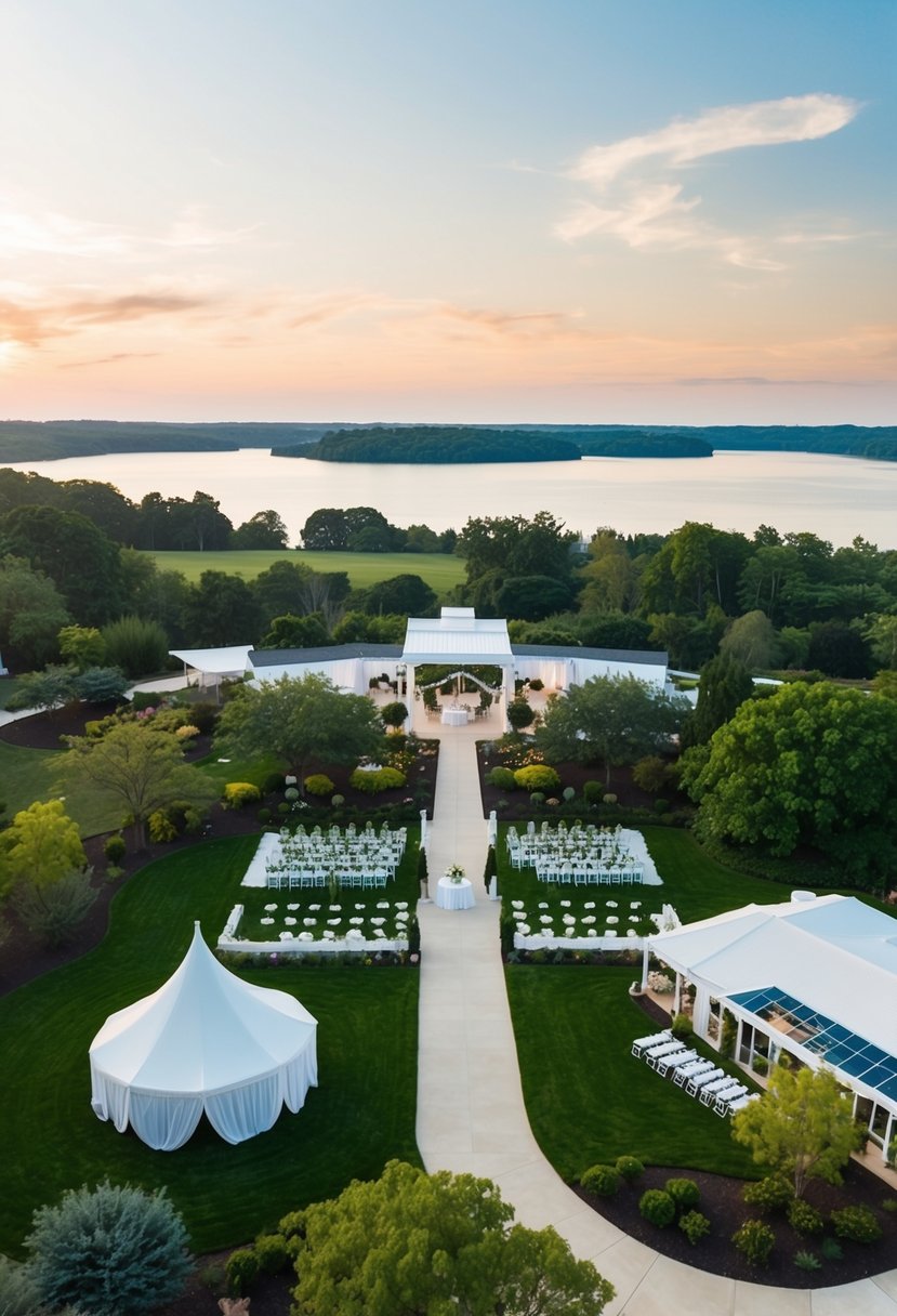 An aerial shot of a wedding venue with a beautiful outdoor landscape, including the ceremony area, reception space, and surrounding natural scenery