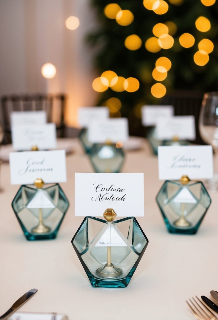 Geometric glass holders arranged on a table, each holding a place card for a wedding reception