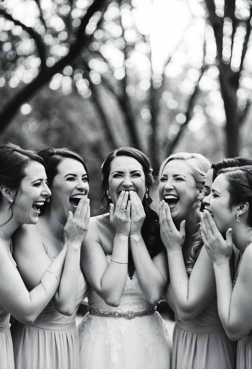 Bridesmaids share a moment of genuine laughter, heads thrown back, eyes closed, and hands covering their mouths