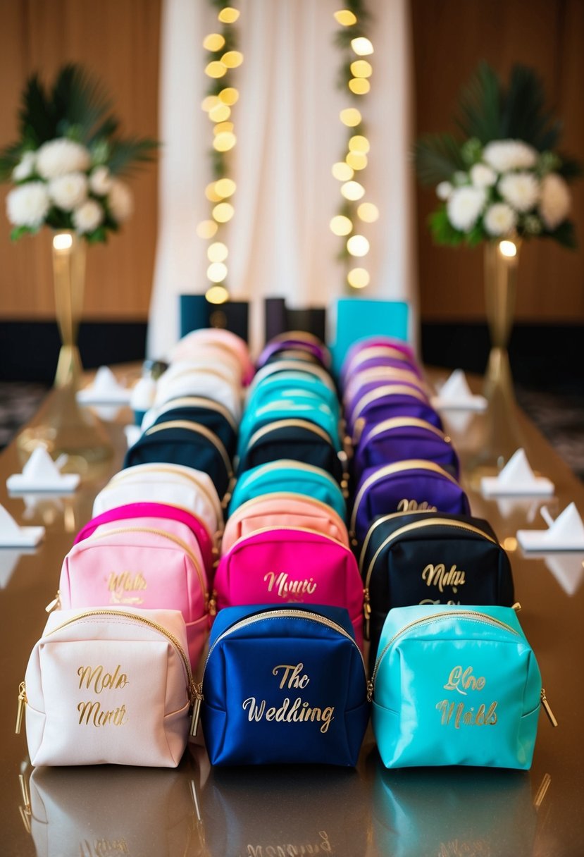 A group of personalized makeup bags in various colors and designs arranged neatly on a table, with wedding-themed decorations in the background