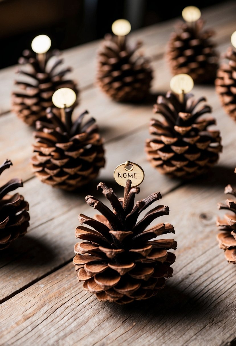 Pine cones with personalized name tags arranged on a rustic wooden table