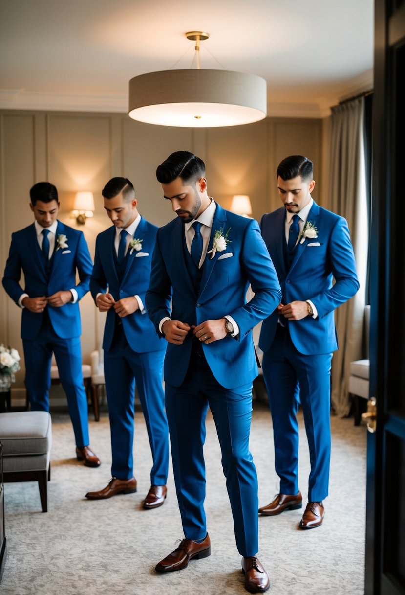 Groomsmen preparing suits, tying ties, and polishing shoes in a stylish, well-lit dressing room