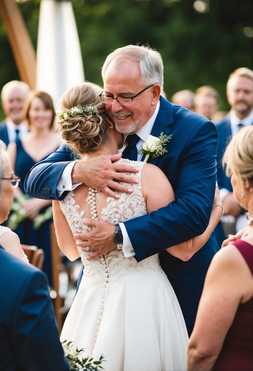 Parents embrace, tears of joy, as they witness their child's wedding ceremony