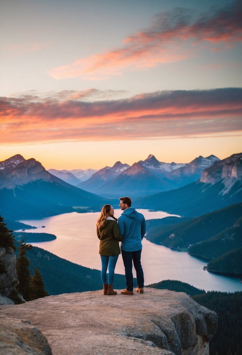 A couple standing on a cliff overlooking a vast scenic landscape, with mountains, a lake, and a colorful sunset in the background