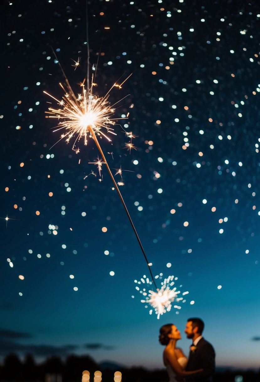 A dark sky filled with twinkling stars as a sparkler sends off light trails into the night at a wedding