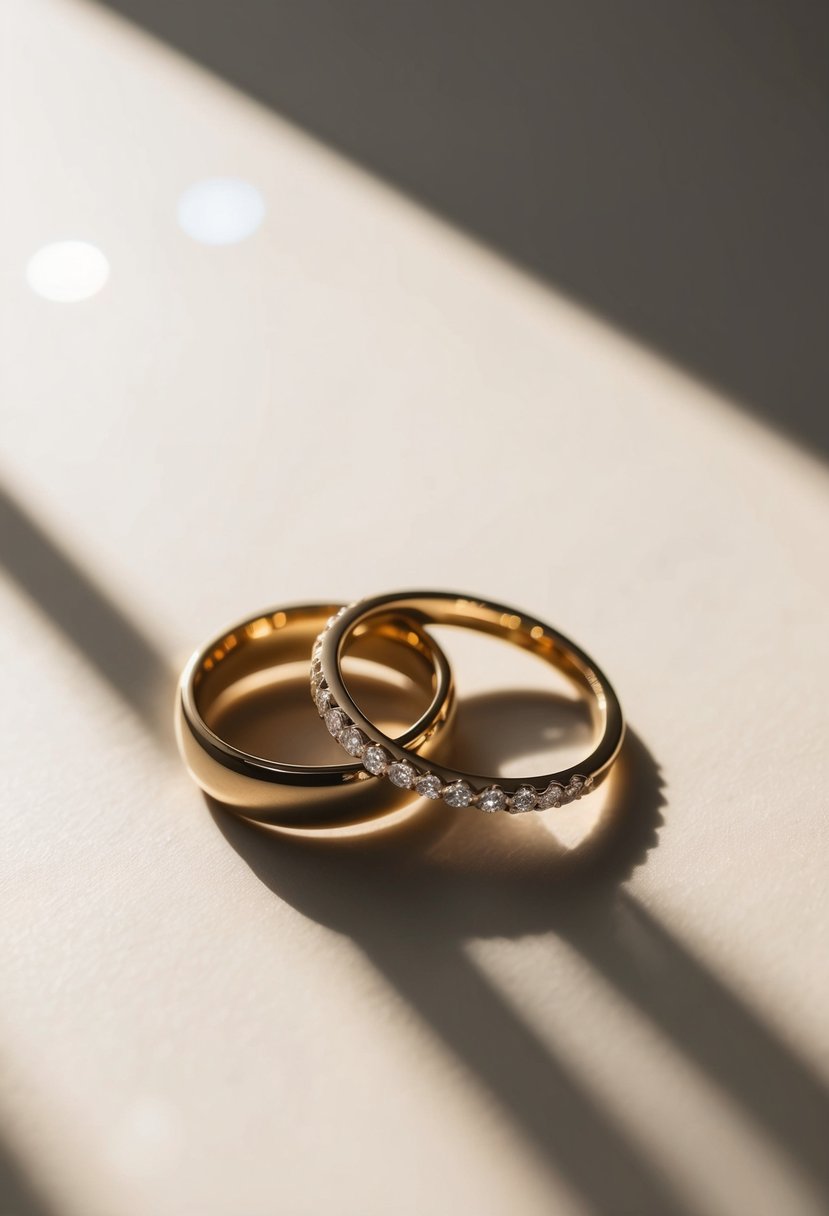 A pair of wedding rings arranged in a creative and artistic pose, with soft lighting casting elegant shadows