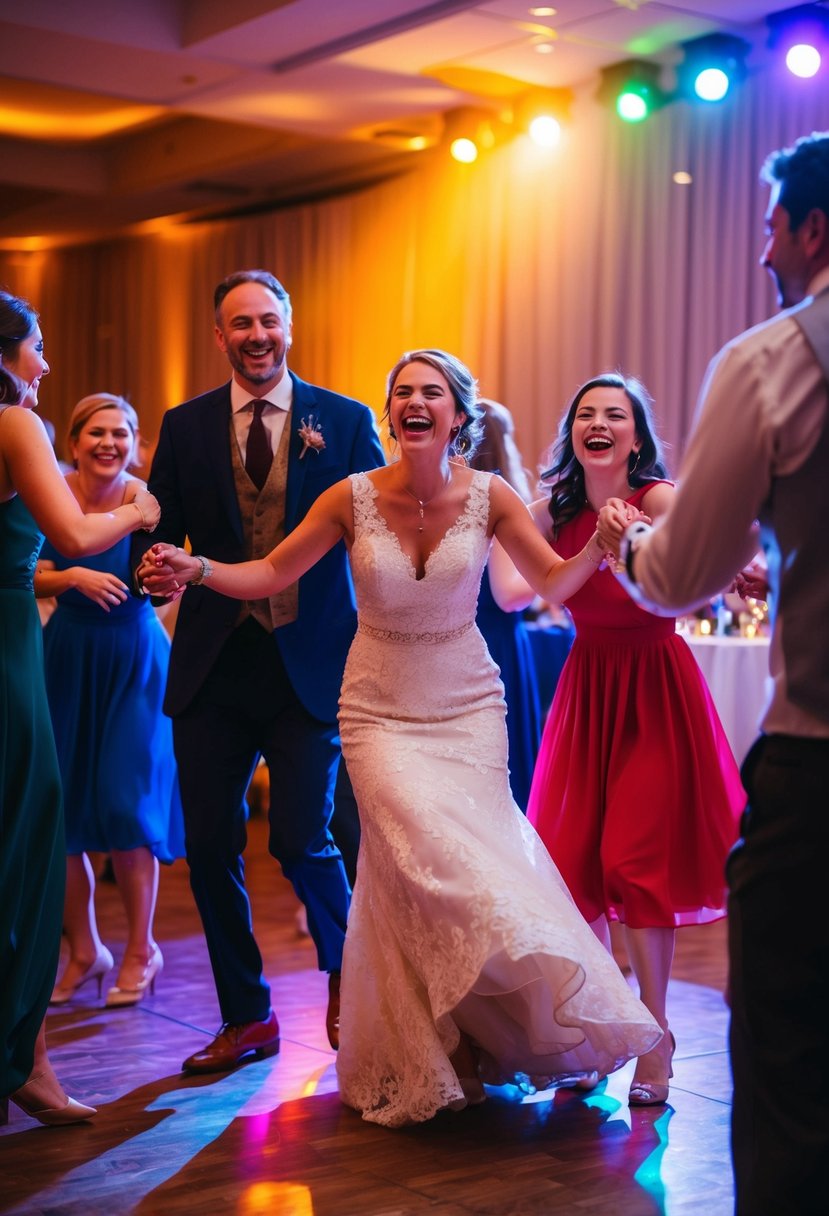 Guests laughing and twirling on a dimly lit dance floor, with colorful lights casting a warm glow