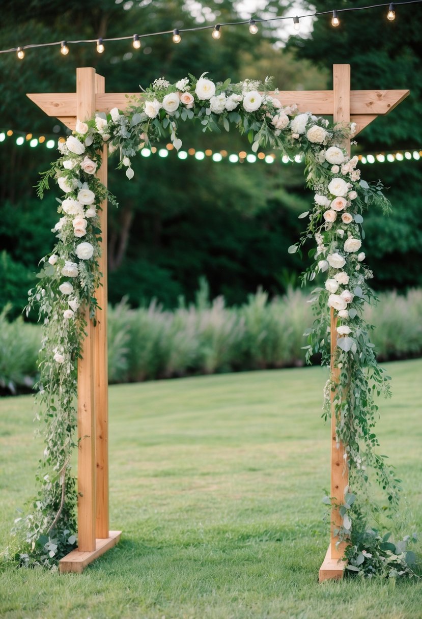 A rustic wooden wedding arch adorned with cascading flowers and greenery, set against a backdrop of lush greenery and twinkling string lights