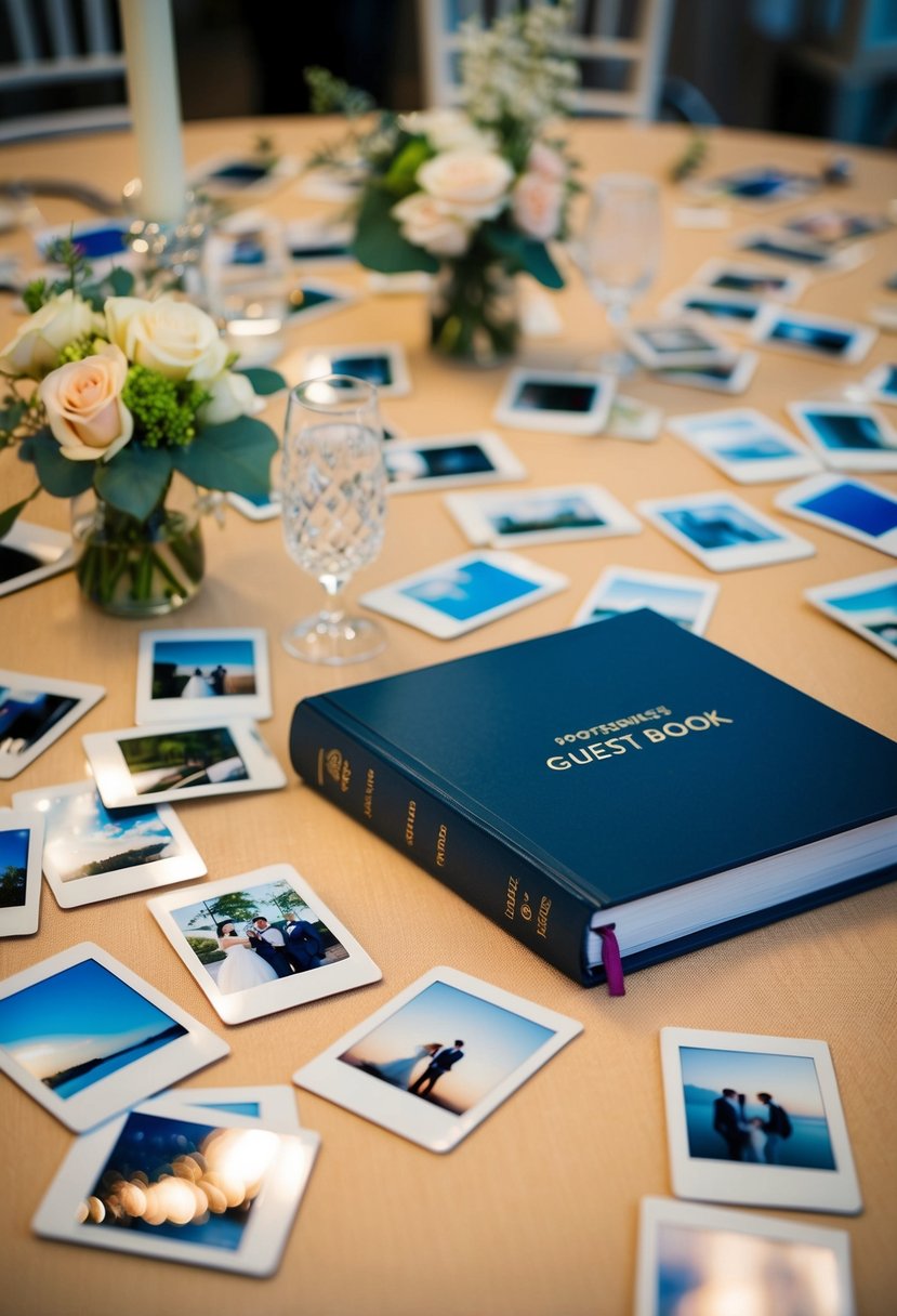 A table with scattered polaroid photos, wedding decorations, and a guest book