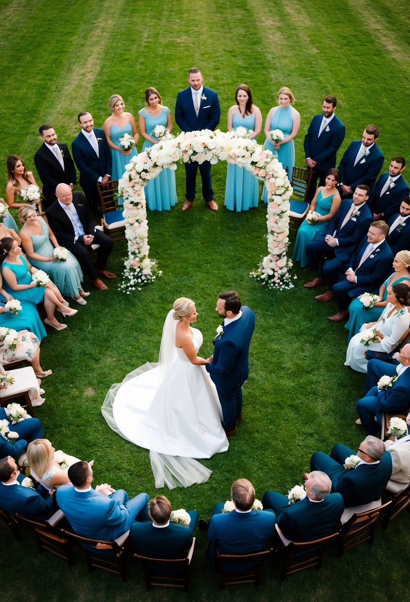 Aerial view of a wedding ceremony, with the bride and groom standing beneath a flower-covered archway, surrounded by guests seated in a circular formation