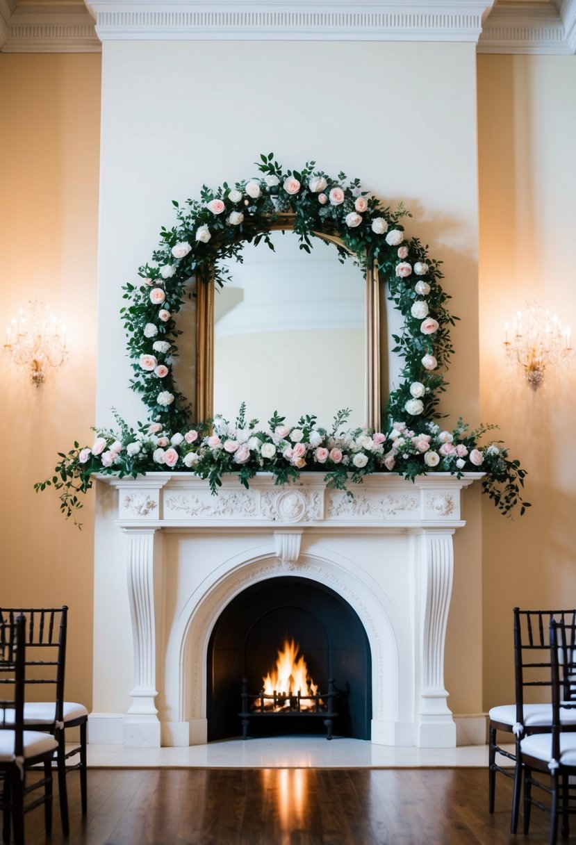 A grand fireplace adorned with a floral-framed arch, serving as a romantic backdrop for wedding ceremonies