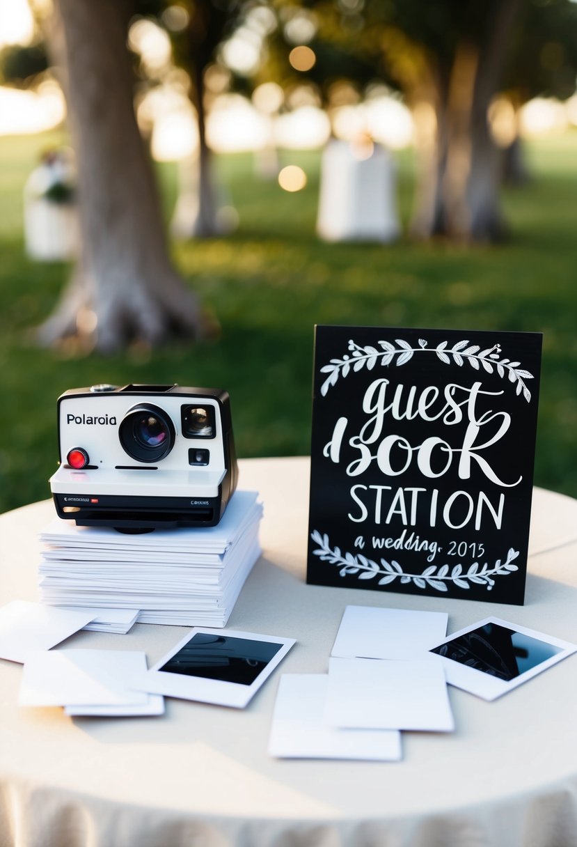 A table with a vintage Polaroid camera, a stack of blank Polaroid photos, and a decorative sign indicating it's a guest book station at a wedding