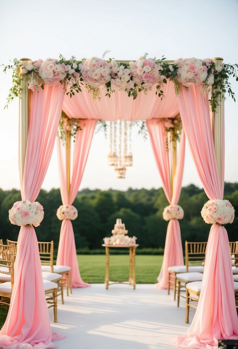 A pink and gold mandap wedding arch adorned with delicate flowers and draped fabric