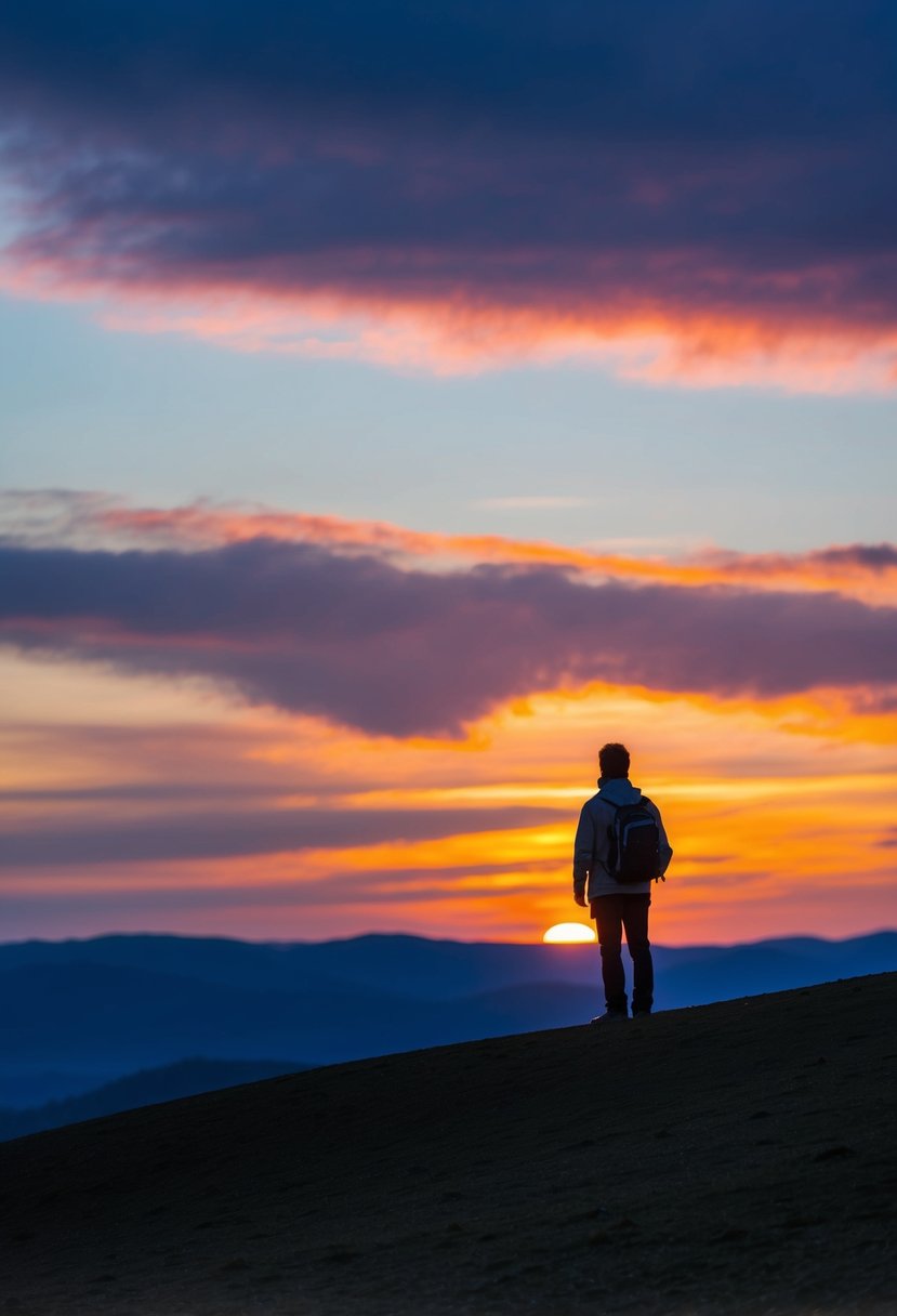 A lone figure stands on a hill, outlined by the setting sun, with a colorful sky as the backdrop