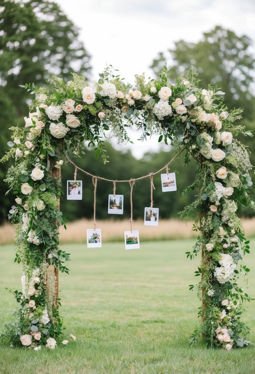 A lush floral arch frames a rustic outdoor wedding setting, with soft polaroid photos hanging from twine