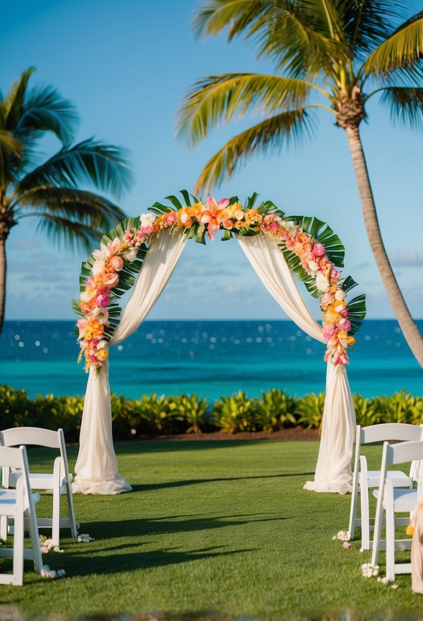 An island-inspired wedding arch adorned with tropical flowers and draped with flowing fabric, set against a backdrop of palm trees and a sparkling ocean