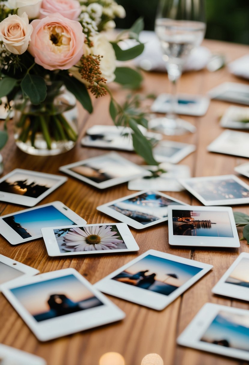 A table scattered with polaroid photos, flowers, and wedding decor