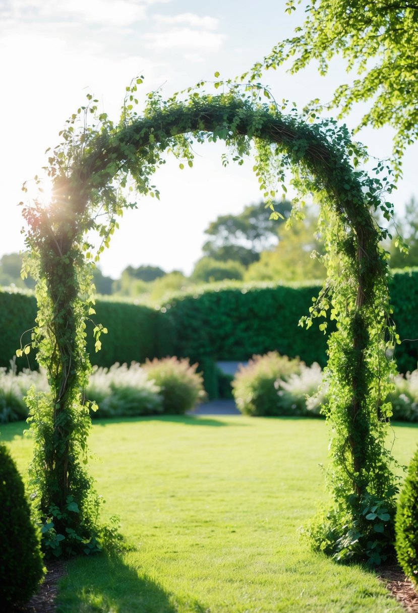 A lush greenery-covered wedding arch stands in a sunlit garden, adorned with delicate vines and leaves, creating a natural and romantic backdrop