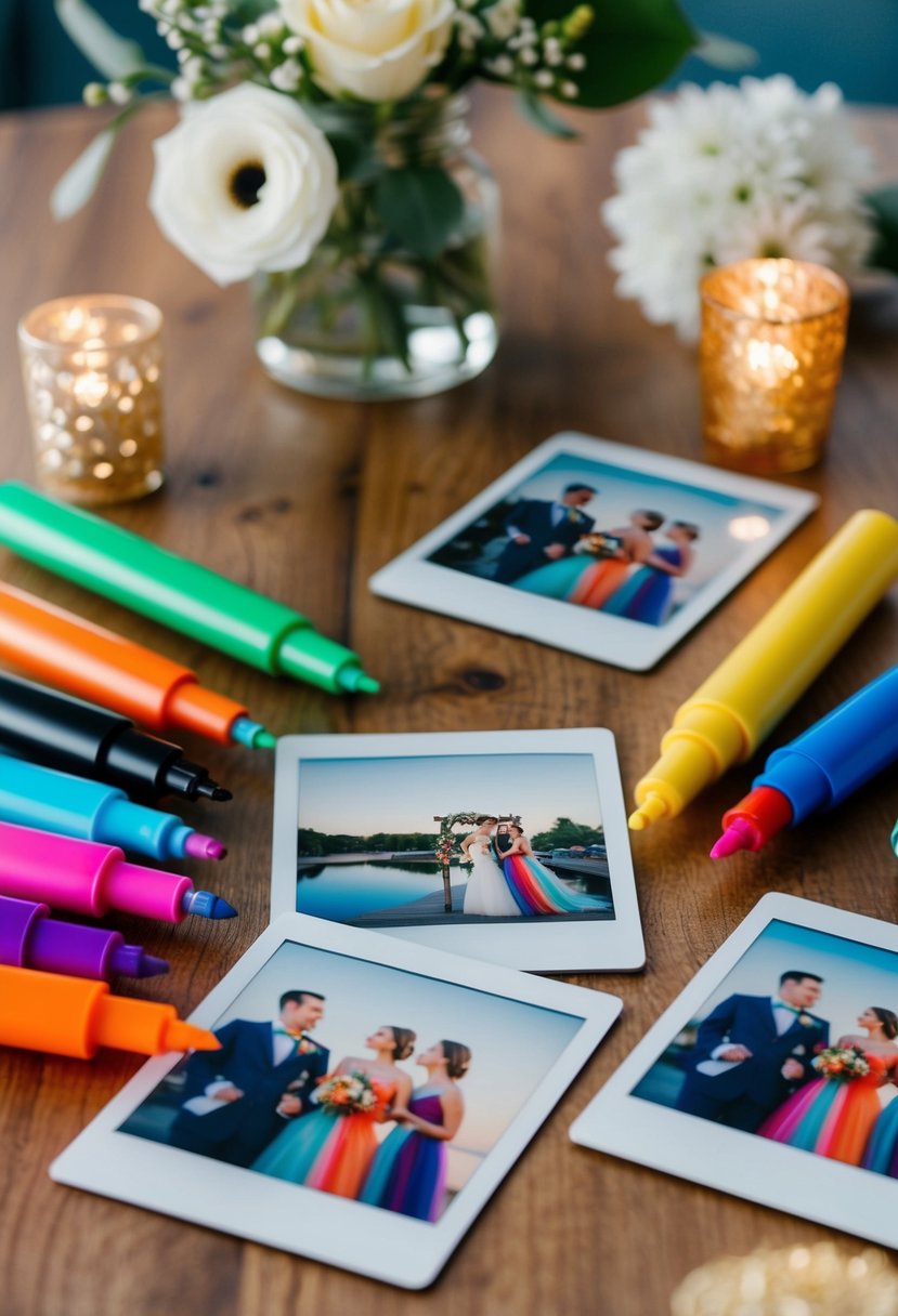 Colorful markers scattered around a table with polaroid photos and wedding-themed decor