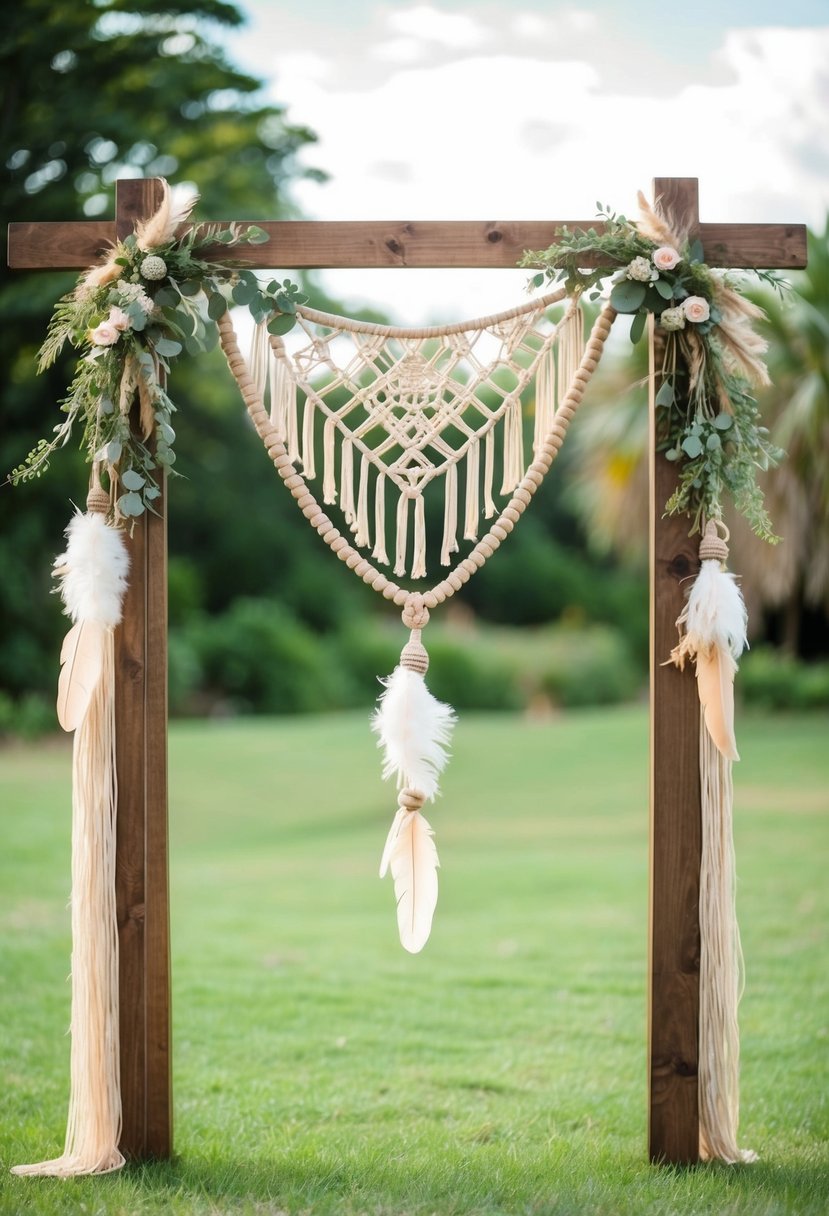 A wooden arch adorned with bohemian accents, such as macrame, feathers, and greenery, stands in a lush outdoor setting