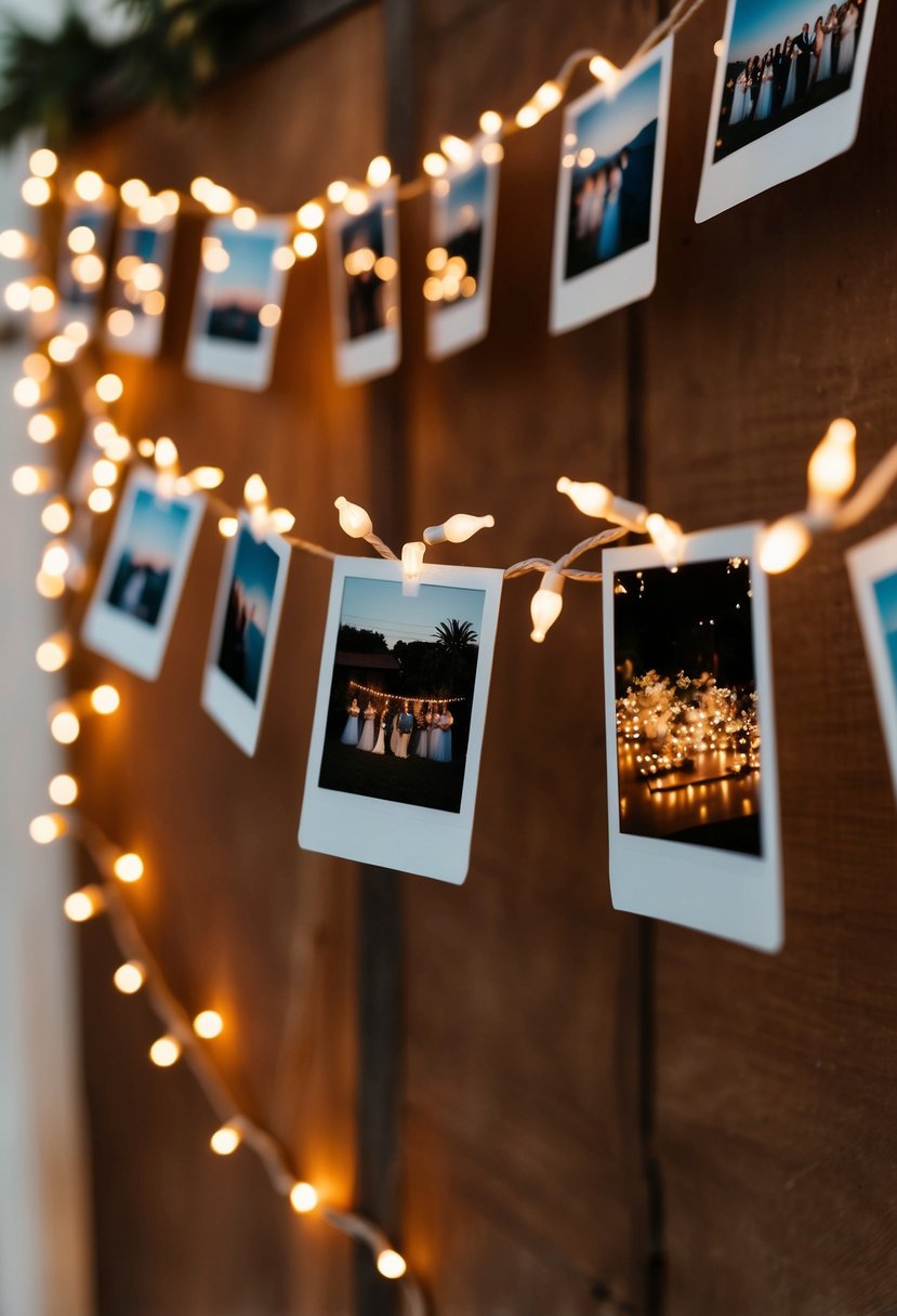 A string of glowing lights framing polaroid photos hung on a rustic backdrop, creating a warm and romantic wedding display