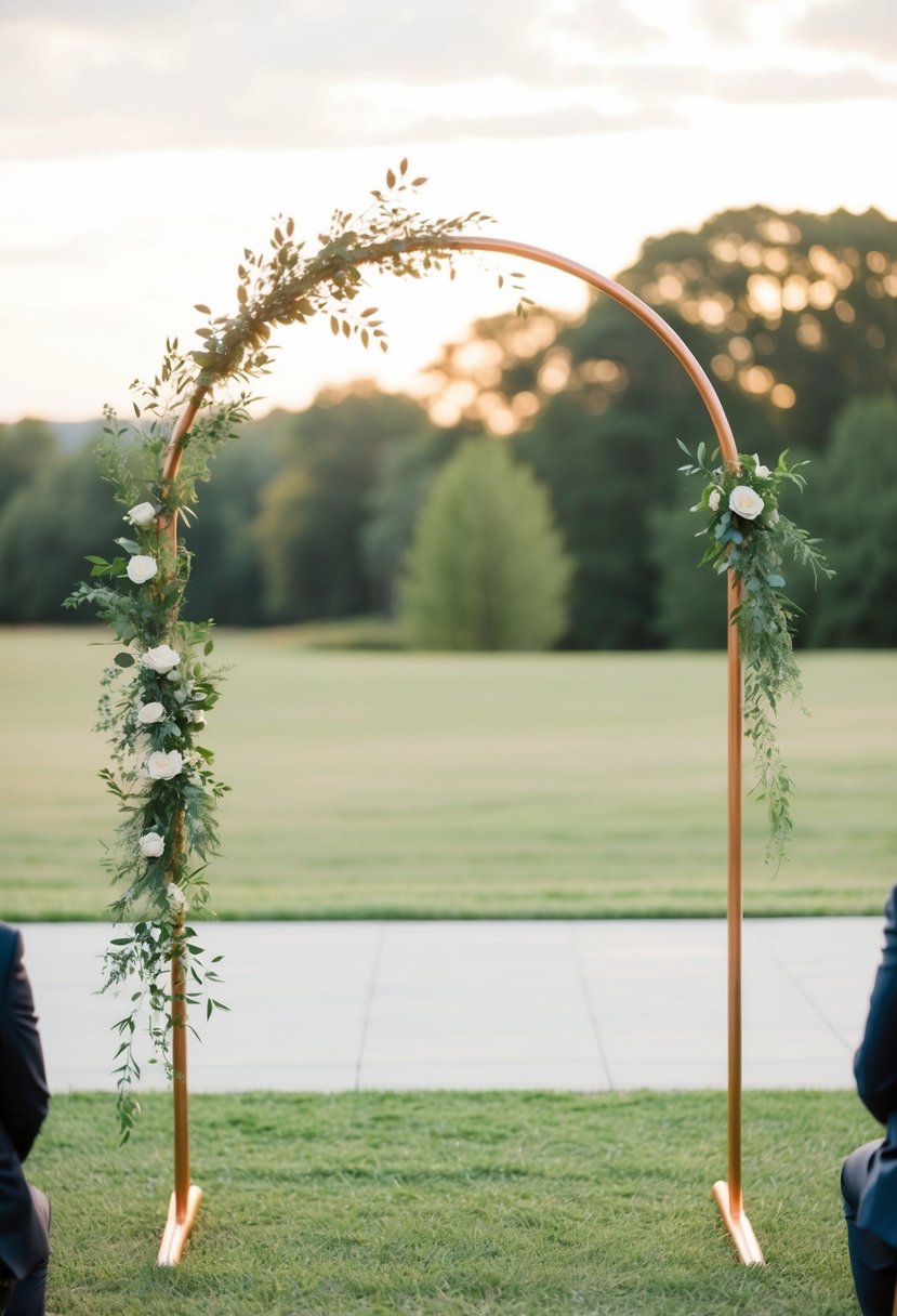 A simple copper ceremony arch adorned with minimal greenery and soft lighting