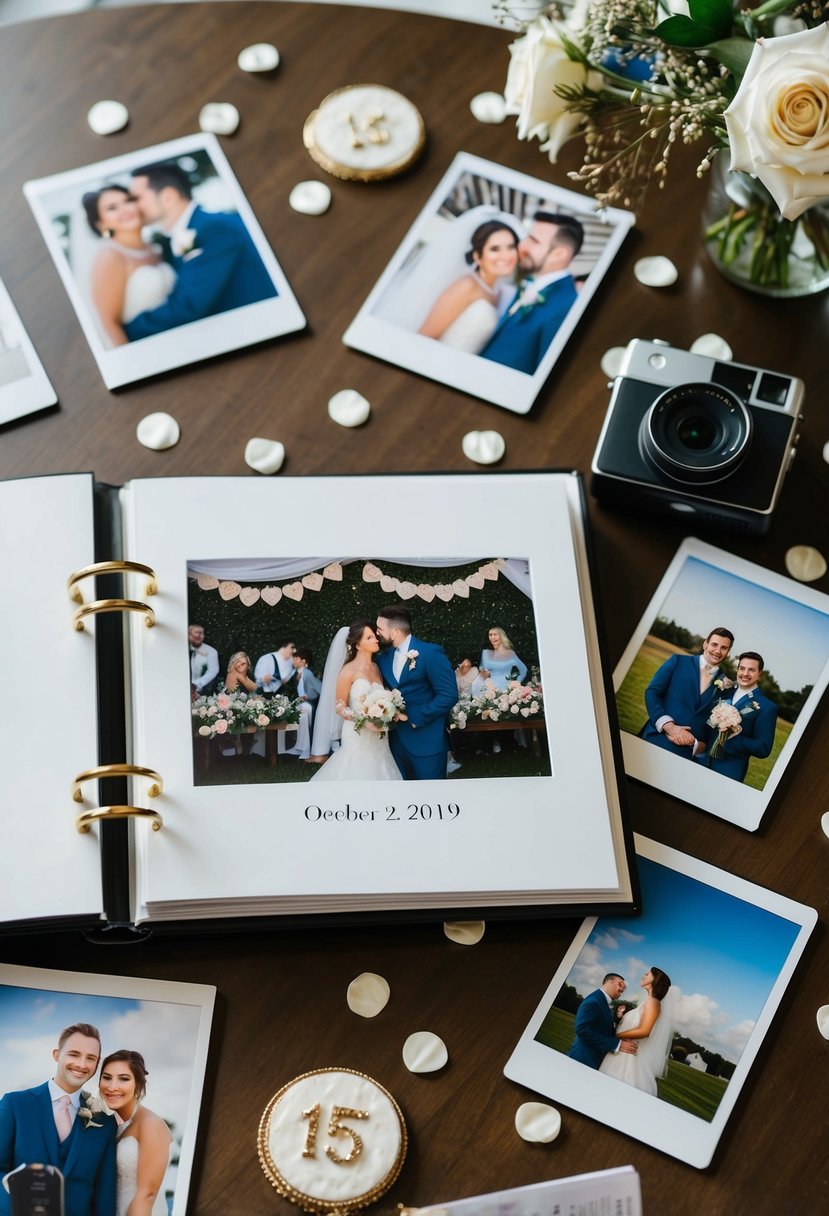 A photo album open on a table, surrounded by polaroid wedding photos and decorations, with the wedding date prominently displayed