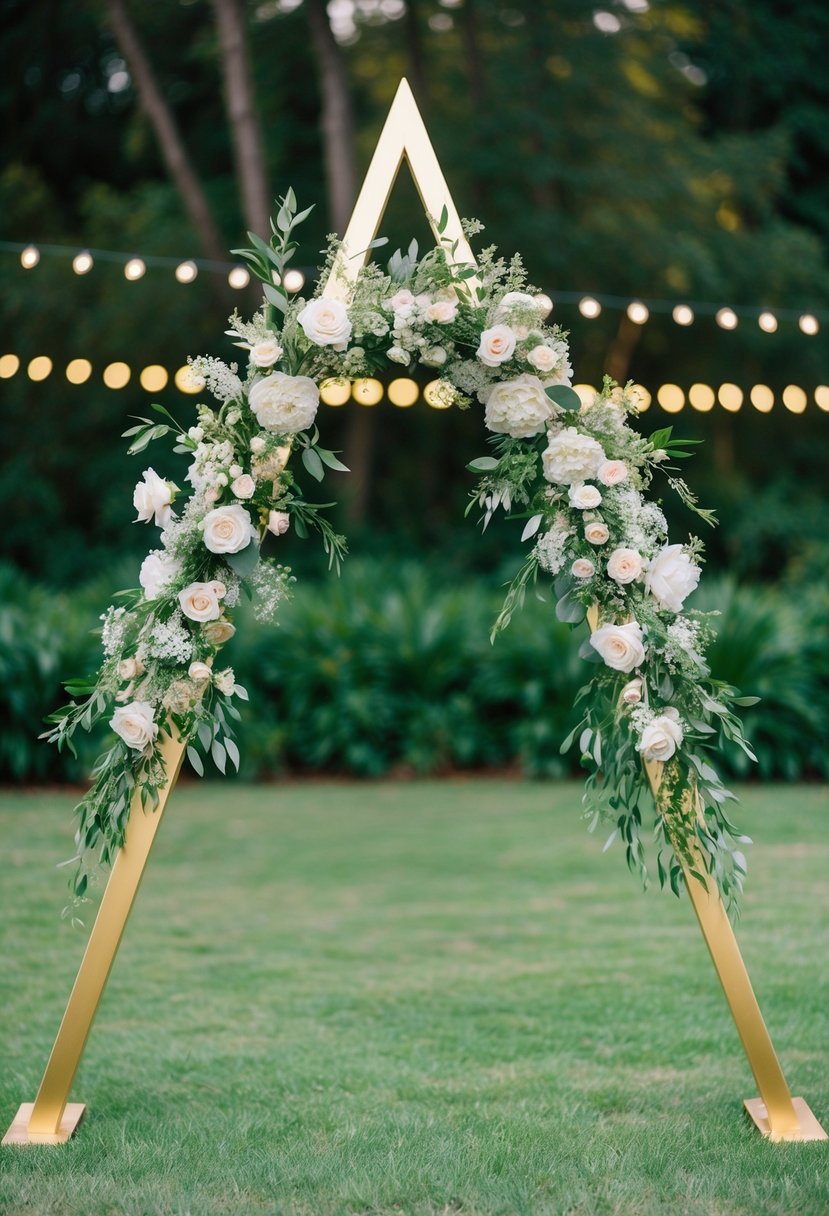 A golden triangular arch stands adorned with delicate flowers and greenery, set against a backdrop of lush greenery and twinkling lights