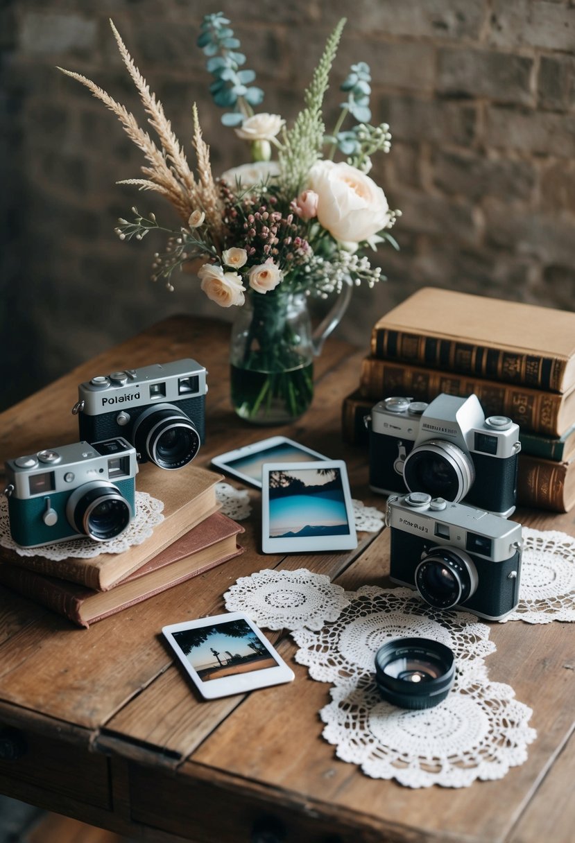 A vintage wooden table adorned with polaroid cameras, lace doilies, old books, and delicate floral arrangements