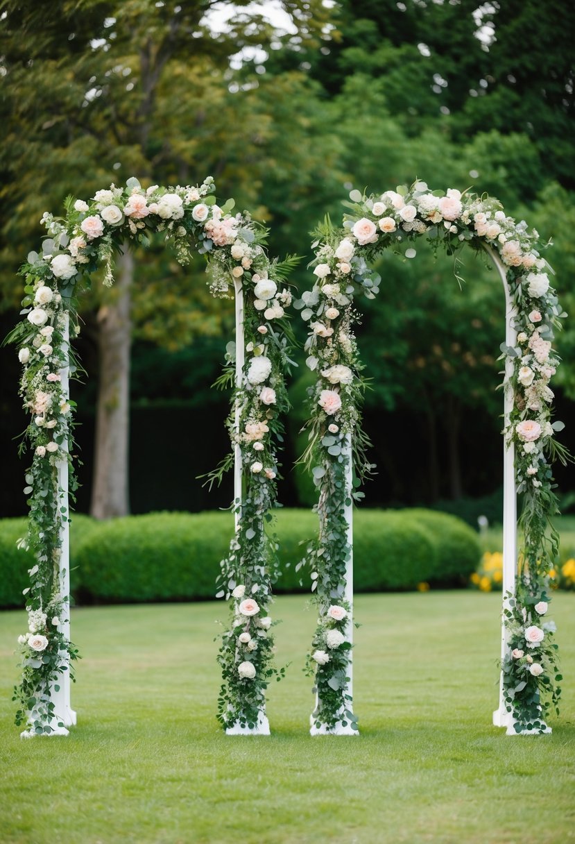 Two elegant wedding arches adorned with flowers and greenery stand side by side in a lush garden setting