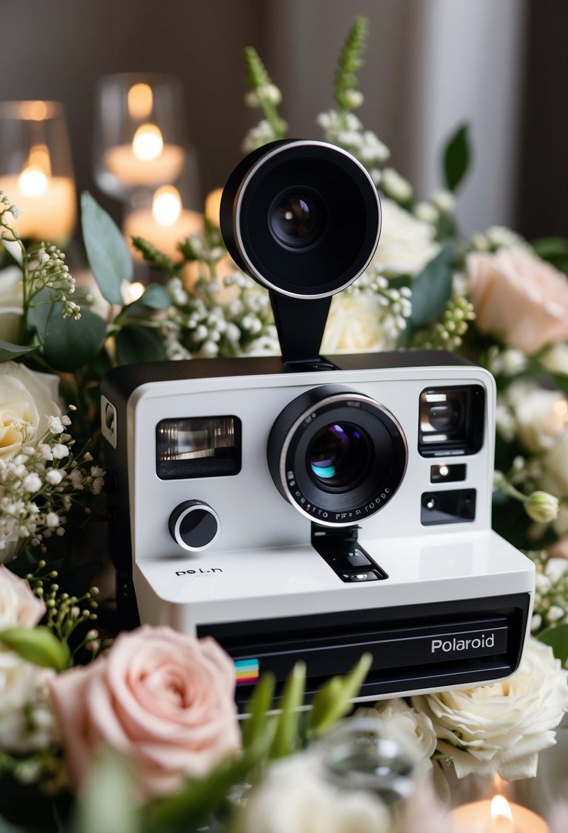 A vintage-inspired Polaroid camera surrounded by wedding flowers and decor, with soft lighting and a romantic atmosphere