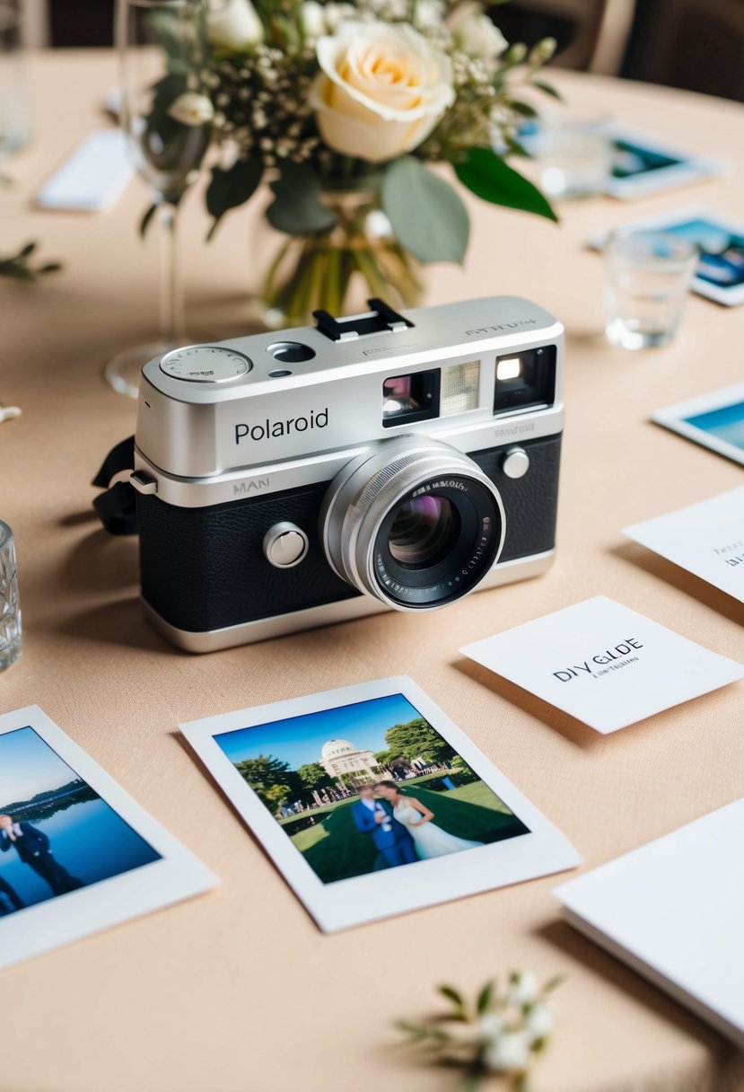 A table with Polaroid camera, blank photos, and wedding decor arranged for a DIY guide illustration