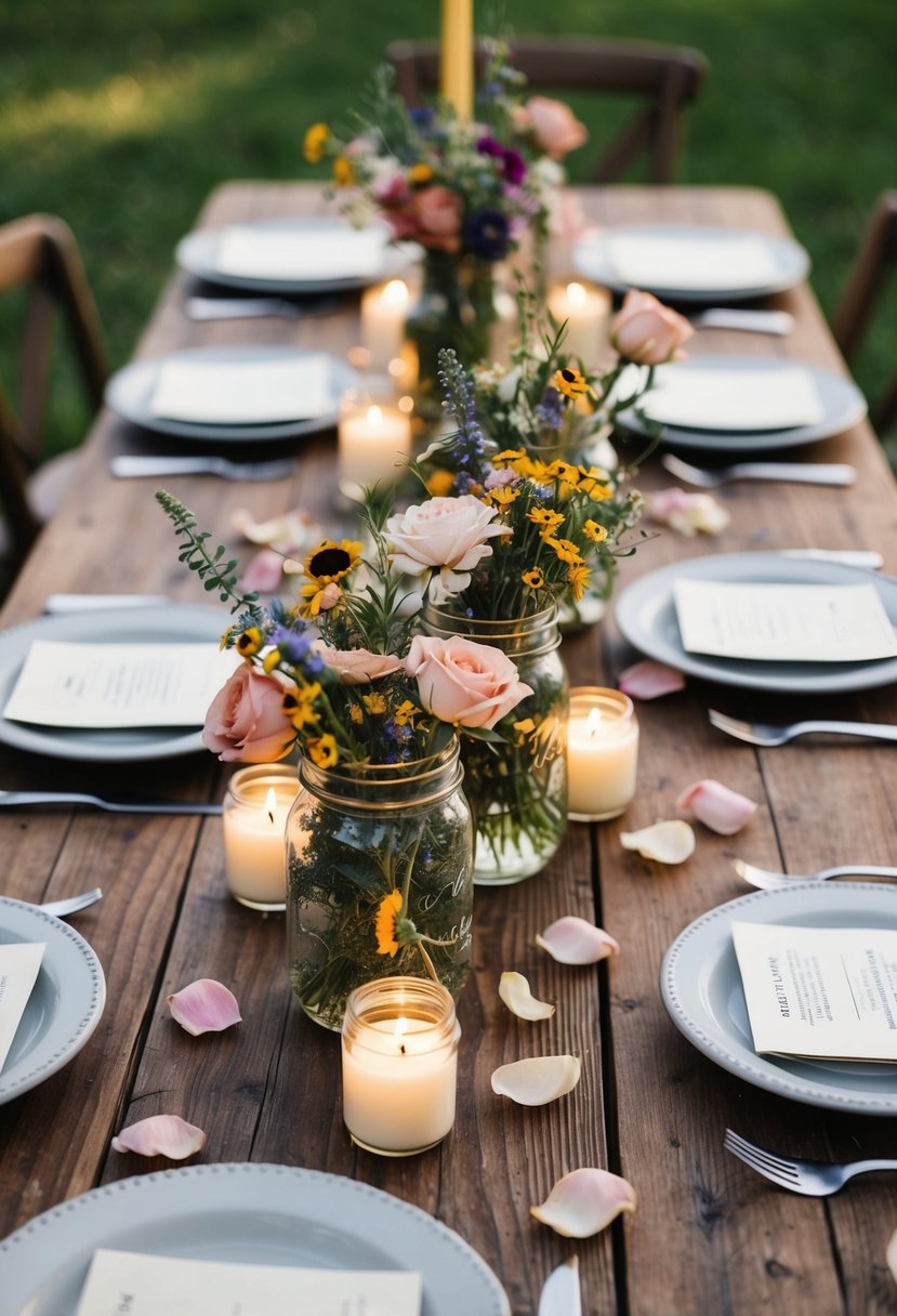 A rustic wooden table adorned with mason jar centerpieces filled with wildflowers and candles, surrounded by scattered rose petals